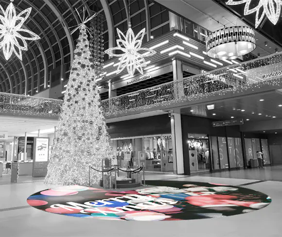 Adhésif de sol aux couleurs de Noël pour guider les clients et renforcer l’ambiance festive en magasin.