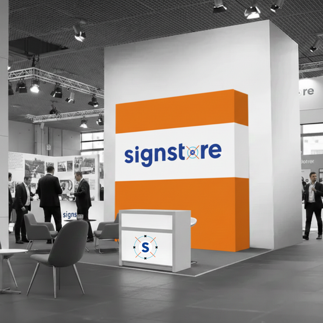 Stand parapluie droit SignStore orange et blanc avec comptoir d'accueil dans un salon professionnel